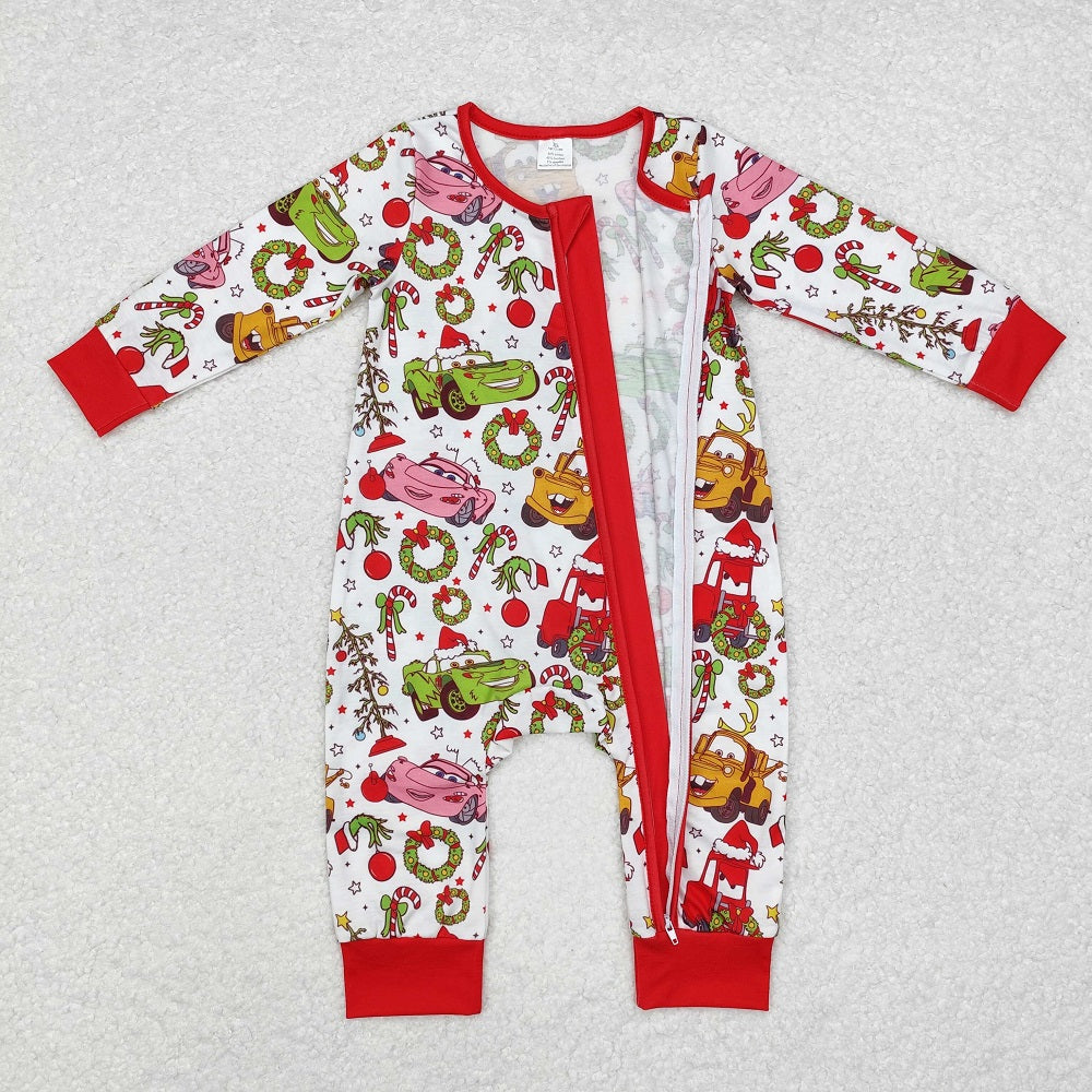 LR1559 Bamboo Christmas Cartoon Car Red and White Zipper Long Sleeve Bodysuit