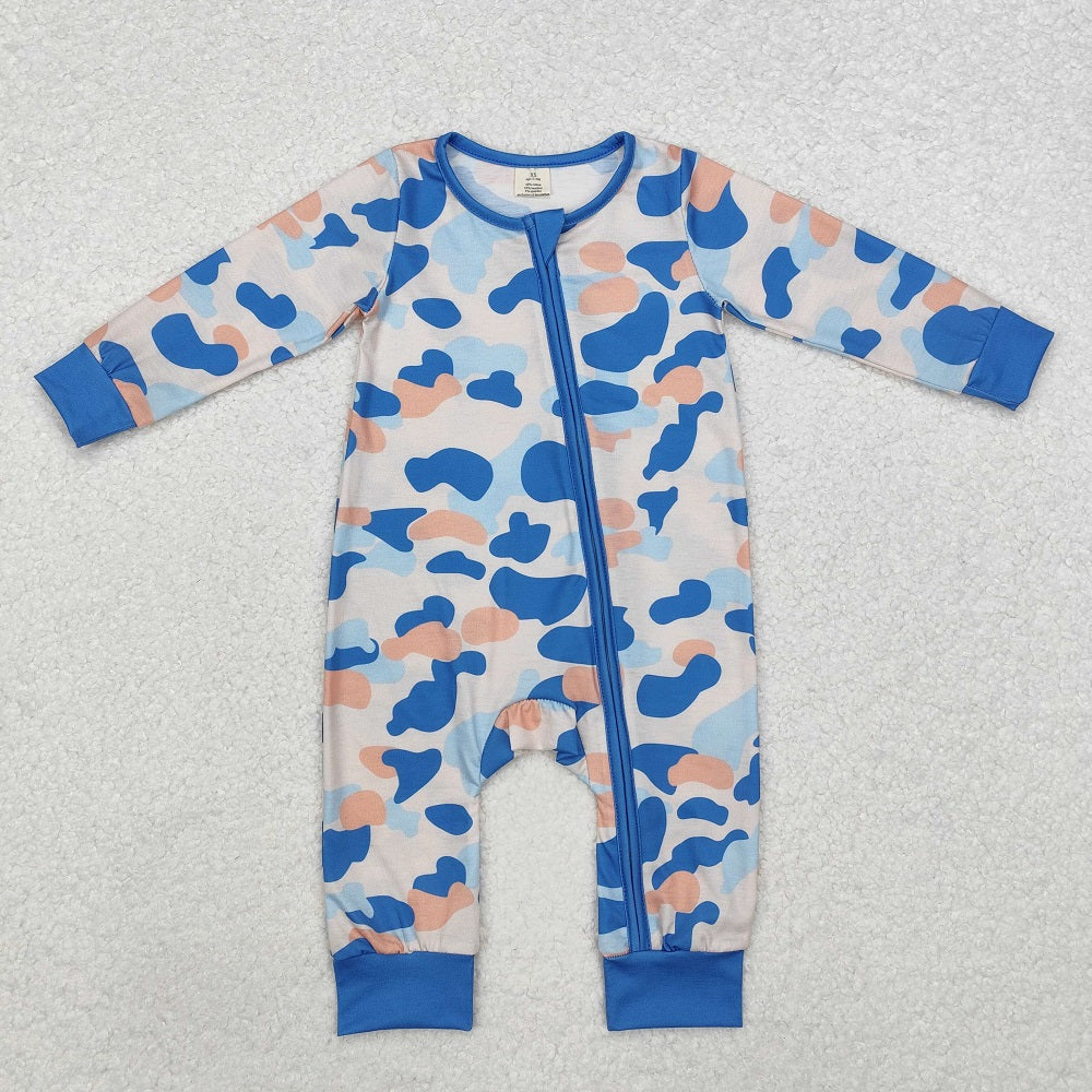 LR1574 Camouflage sky blue zip-up long-sleeved jumpsuit