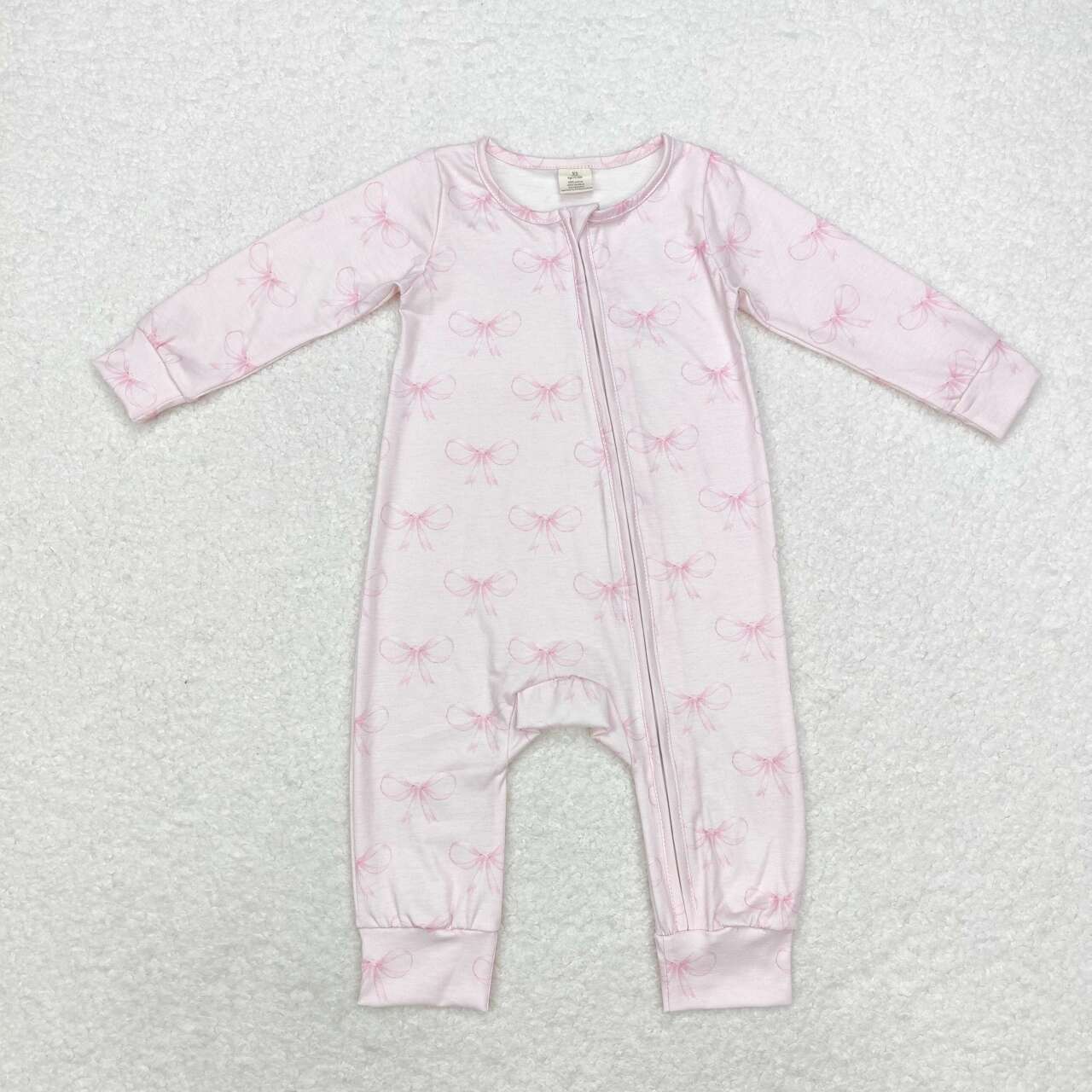 LR1579 Bamboo Pink Bow Print Long Sleeve Zip-Up Bodysuit