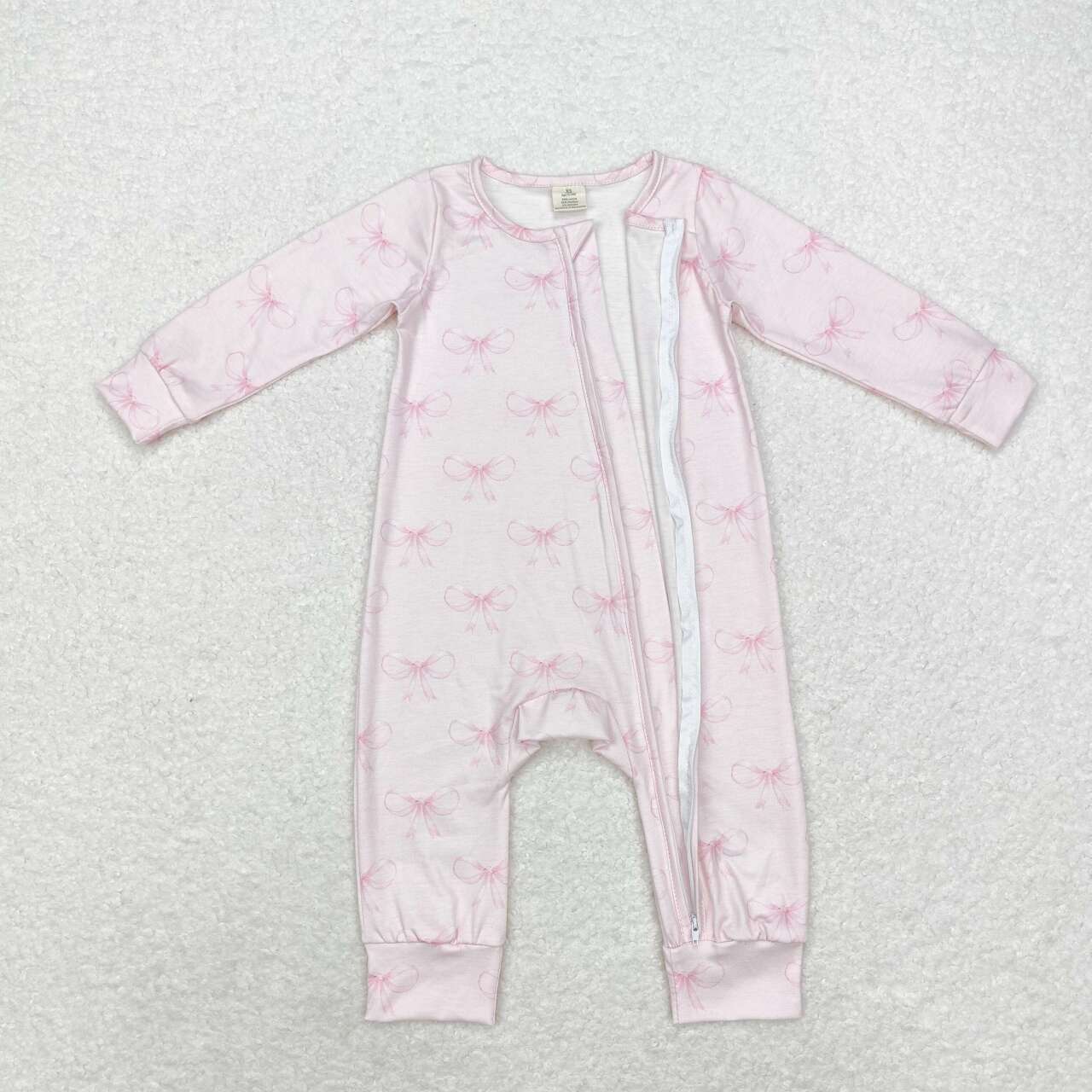 LR1579 Bamboo Pink Bow Print Long Sleeve Zip-Up Bodysuit