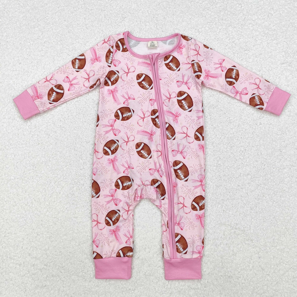 LR1595 Bamboo Pink Rugby Bow Zip-Up Long Sleeve Bodysuit