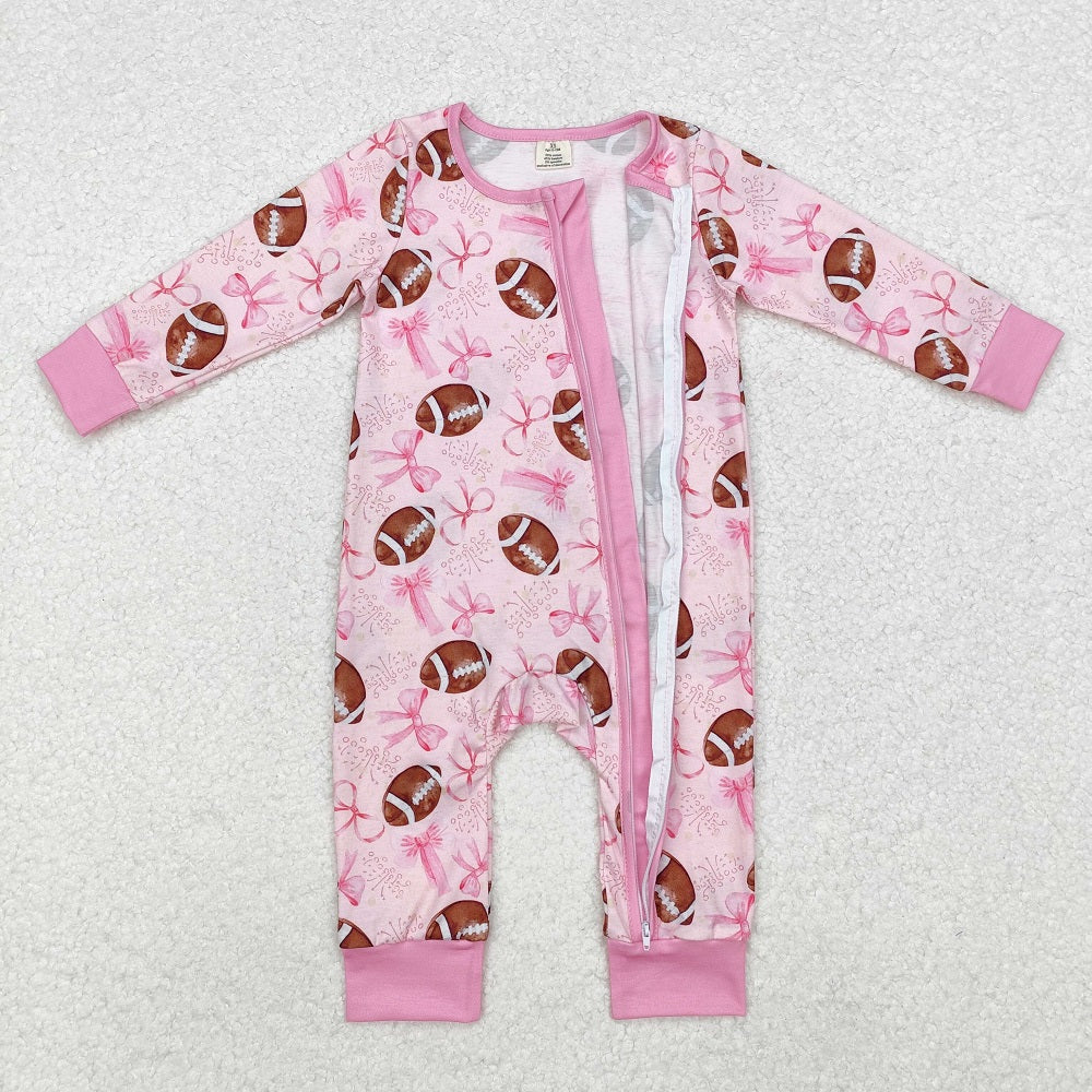 LR1595 Bamboo Pink Rugby Bow Zip-Up Long Sleeve Bodysuit