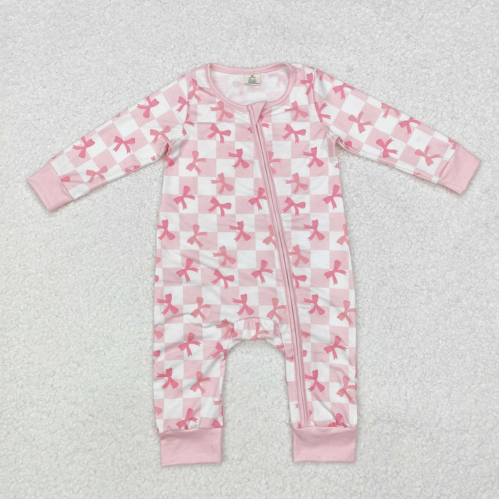 LR1607 Bow Light Pink Plaid Zipper Long Sleeve Bodysuit