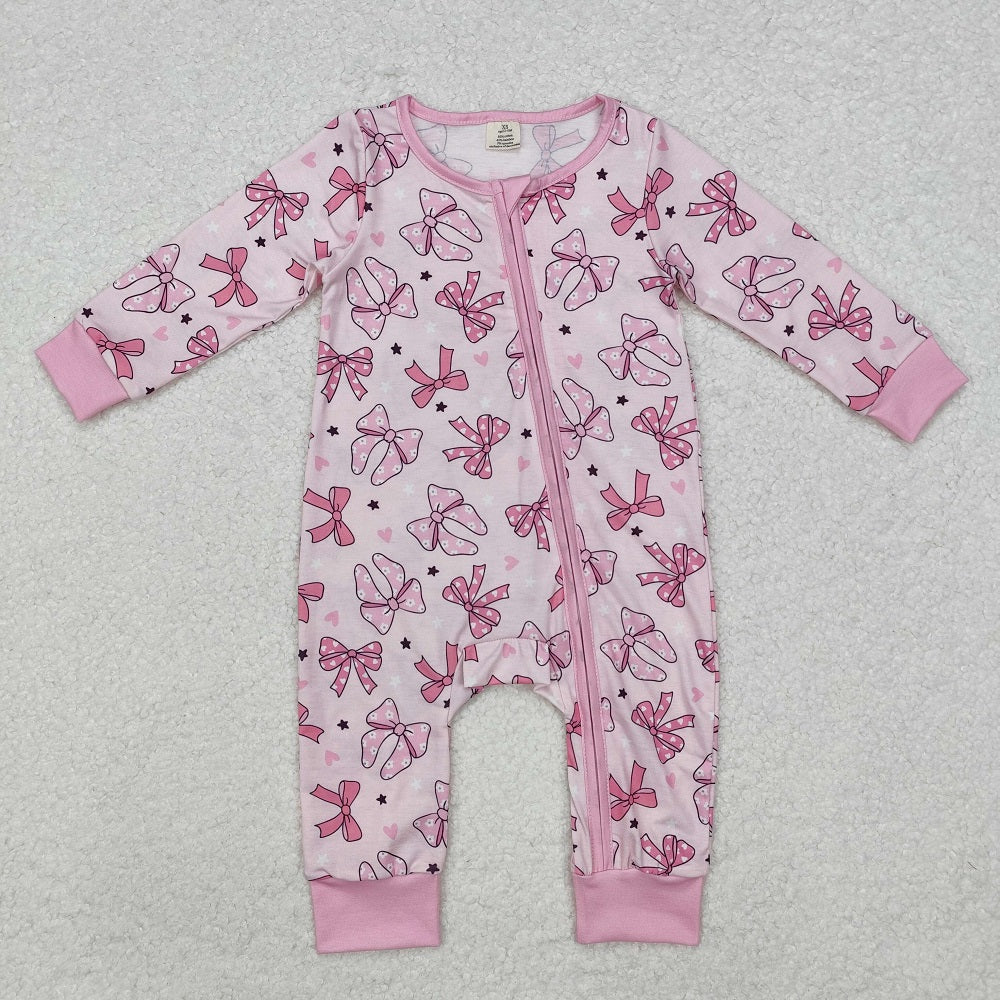 LR1608 Pink zip-up long-sleeved jumpsuit with bow and five-pointed heart pattern
