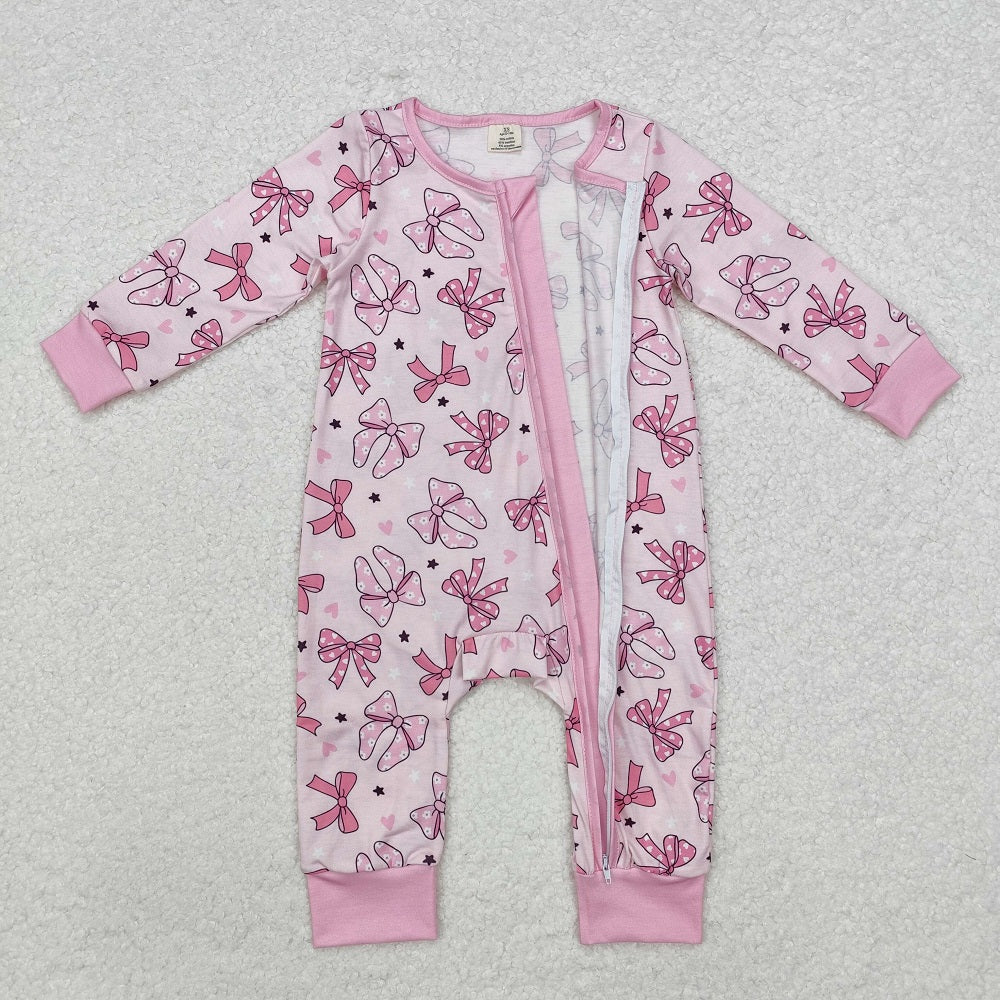 LR1608 Pink zip-up long-sleeved jumpsuit with bow and five-pointed heart pattern