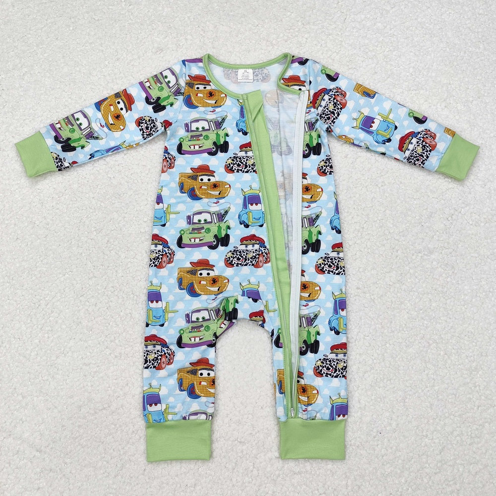 LR1622 Cars White Cloud Teal Zipper Long Sleeve Bodysuit D 6.13