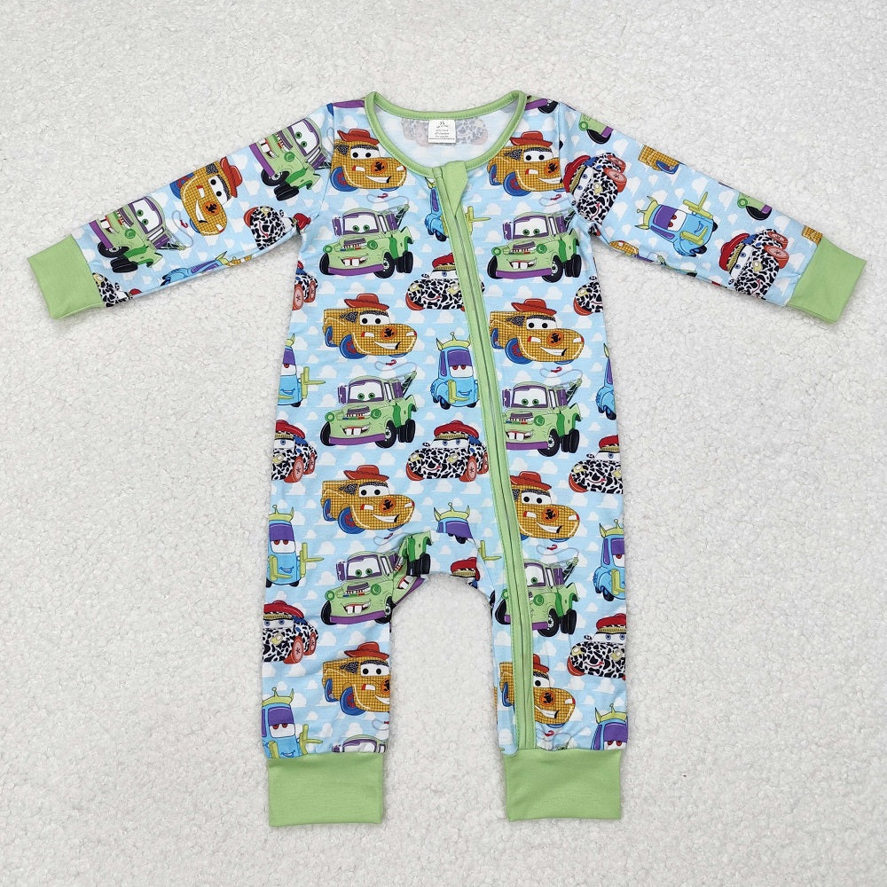 LR1622 Cars White Cloud Teal Zipper Long Sleeve Bodysuit D 6.13