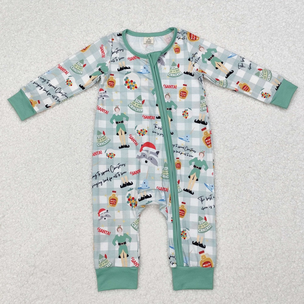 LR1641 Bamboo Christmas Green Plaid Zipper Long Sleeve Bodysuit