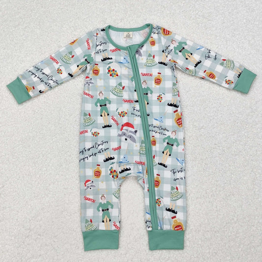 LR1641 Bamboo Christmas Green Plaid Zipper Long Sleeve Bodysuit
