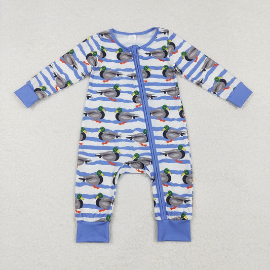 LR1645 Bamboo Duck Blue Stripe Zipper Long Sleeve Bodysuit