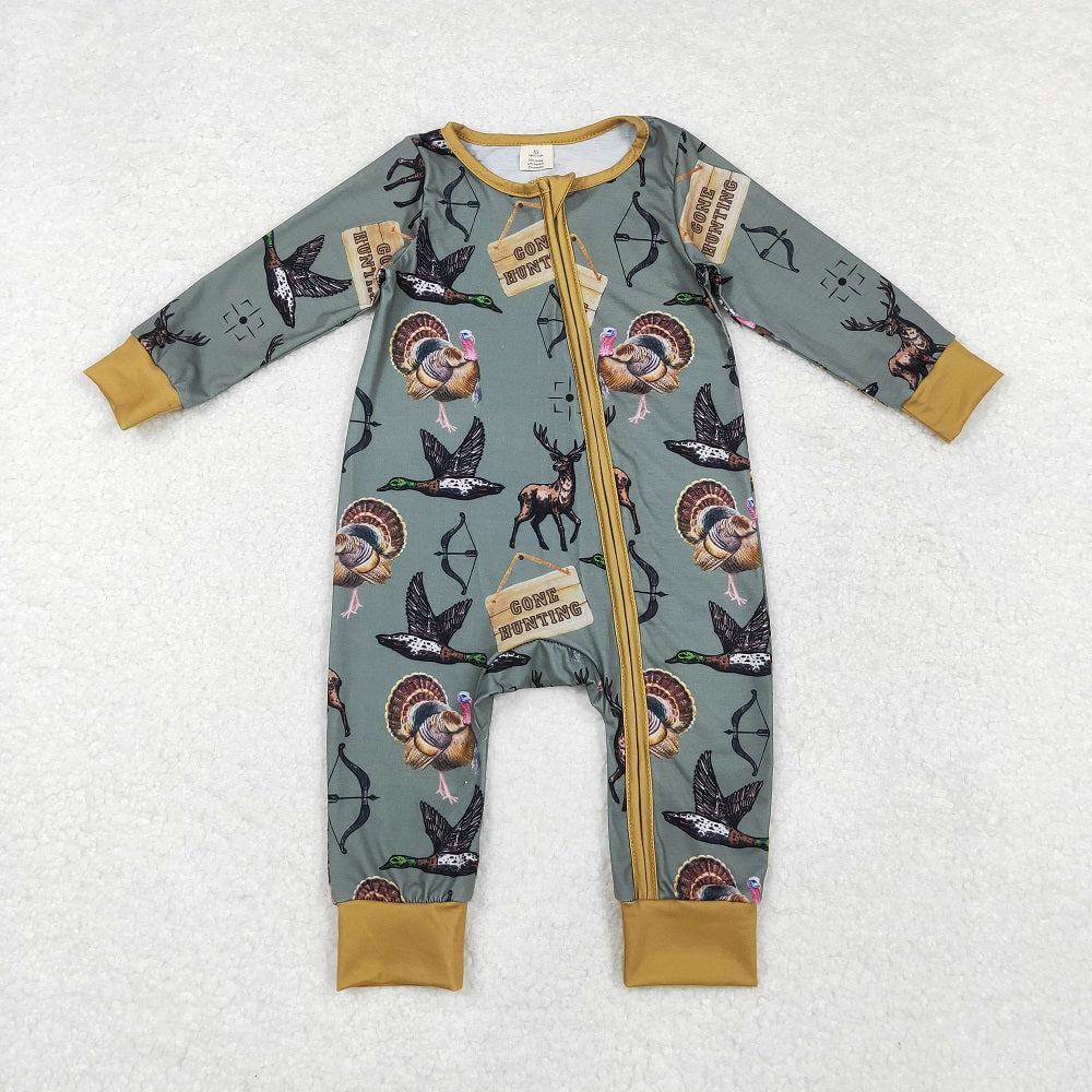 LR1680 Deer Duck Turkey Green Zipper Long Sleeve Bodysuit