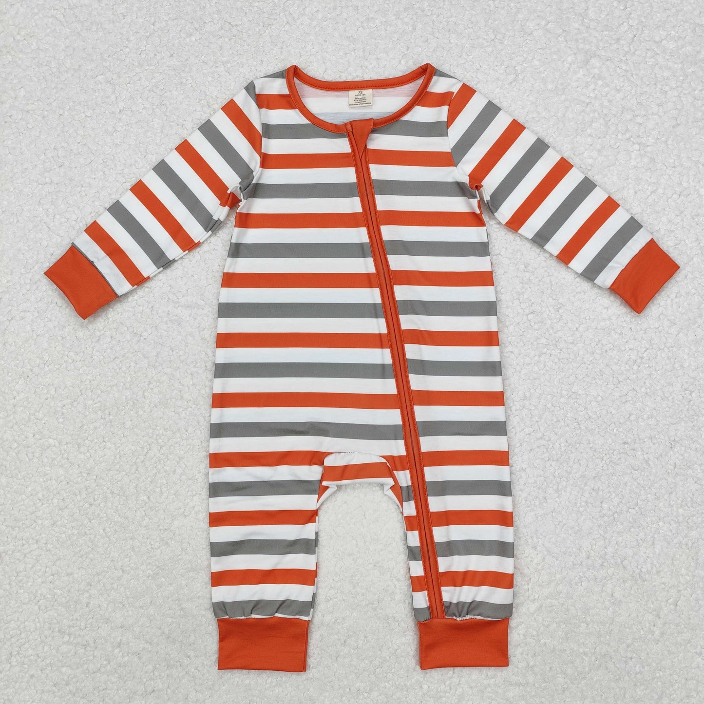 LR1732 Bamboo Green and orange striped white zip-up long-sleeved bodysuit