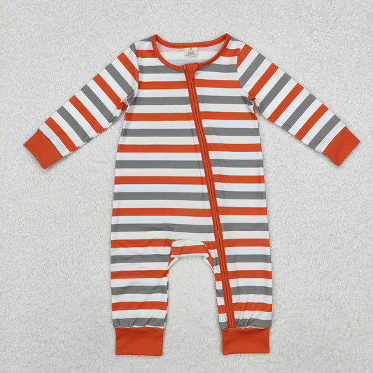 LR1732 Bamboo Green and orange striped white zip-up long-sleeved bodysuit