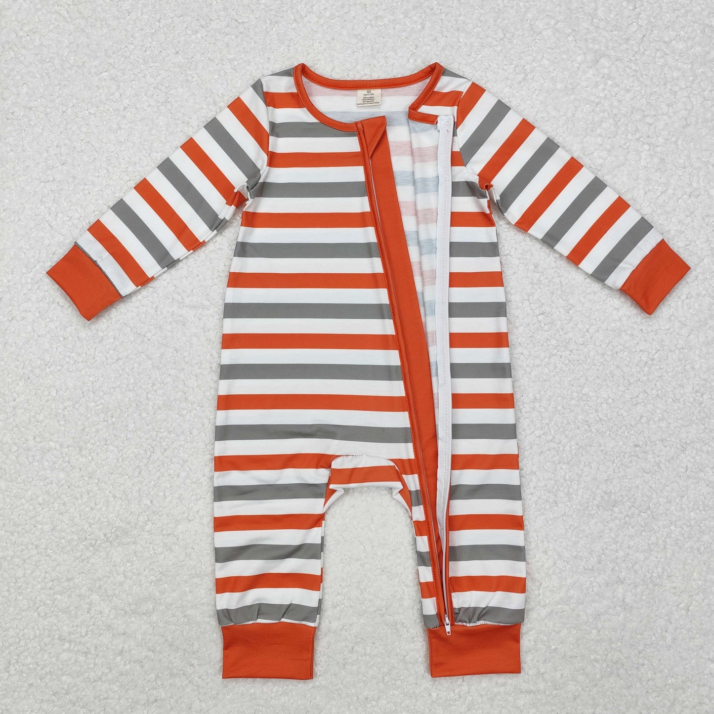 LR1732 Bamboo Green and orange striped white zip-up long-sleeved bodysuit