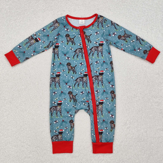 LR1768 Bamboo Christmas Puppy Red and Green Zipper Long Sleeve Onesie