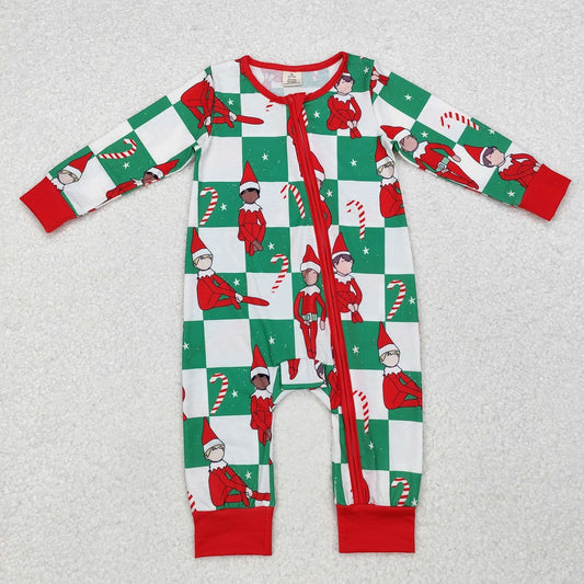 LR1817 Bamboo Christmas Green and White Plaid Zipper Long Sleeve Bodysuit