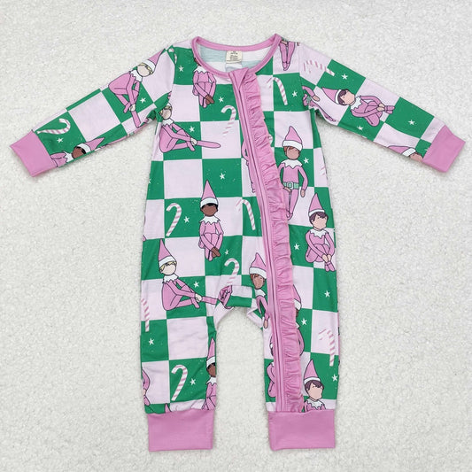LR1818 Bamboo Christmas Lace Green and Pink Plaid Zipper Long Sleeve Bodysuit
