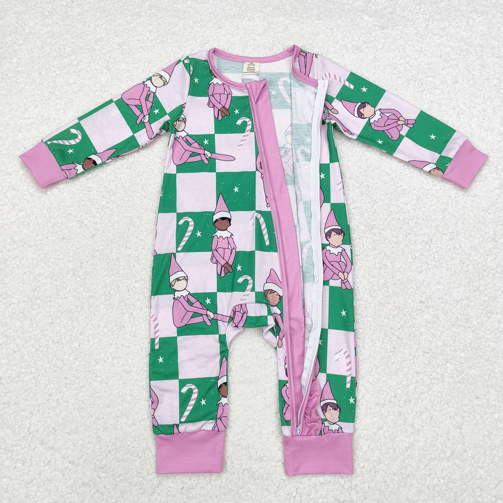 LR1818 Bamboo Christmas Lace Green and Pink Plaid Zipper Long Sleeve Bodysuit