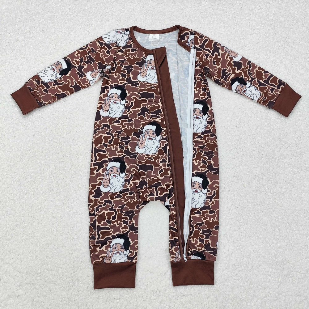 LR1820 Bamboo  Santa Brown Camouflage Zip-Up Long Sleeve Bodysuit