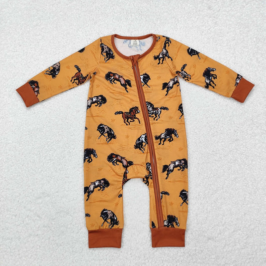 LR1857 Bamboo Horse Yellow Brown Zipper Long Sleeve Bodysuit