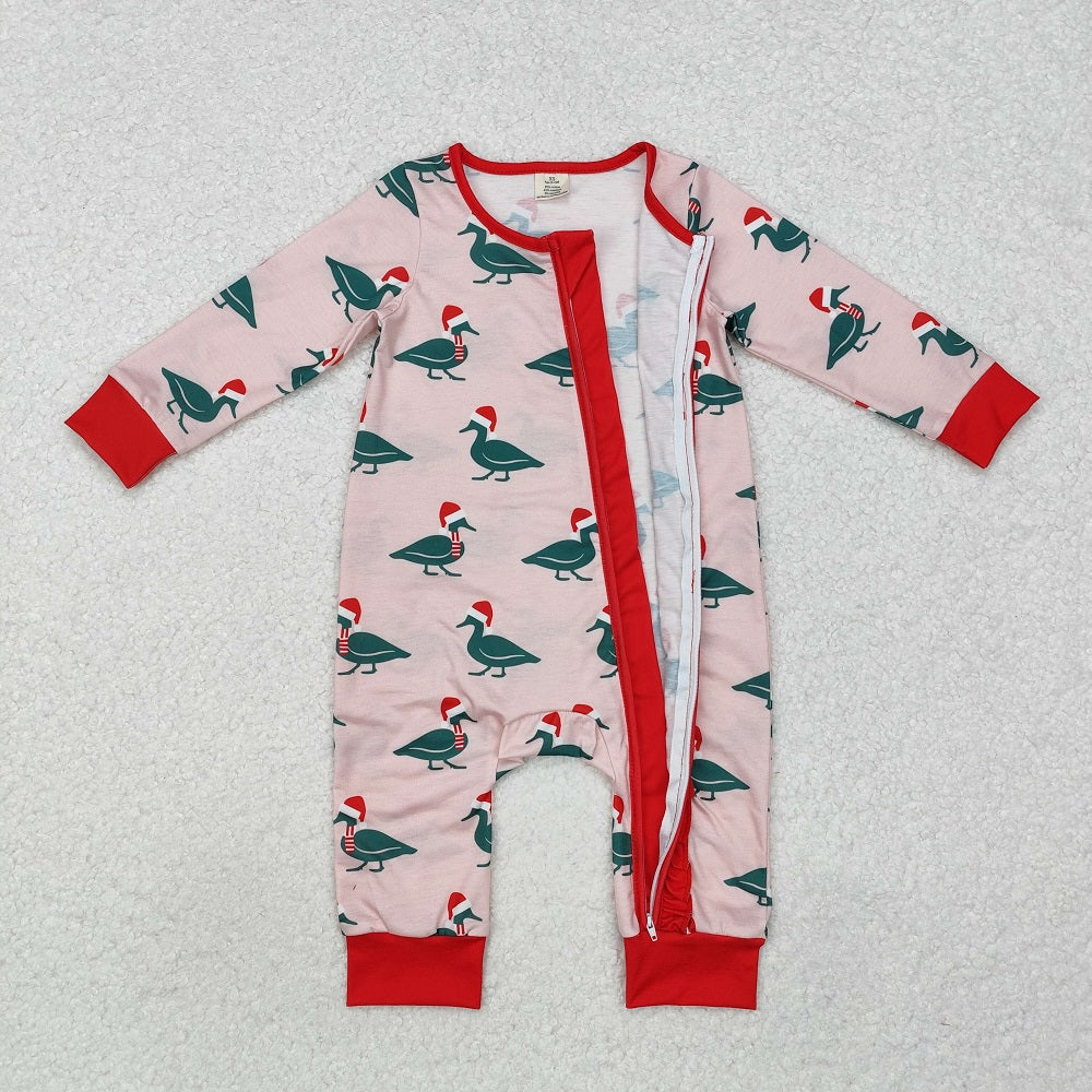 LR1862 Bamboo  Christmas Duck Pink Zipper Long Sleeve Bodysuit
