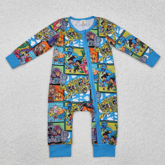 LR2040 Cartoon Lion Dinosaur Blue Zipper Long Sleeve Bodysuit