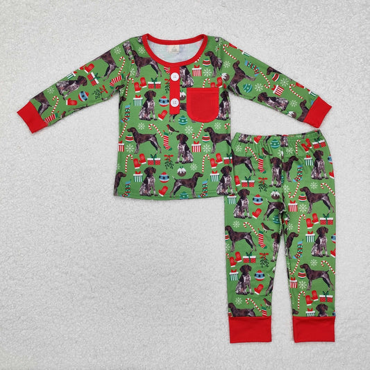 BLP0672 BAMBOO Christmas Tree Gift Puppy Red Pocket Green Long Sleeve Long Pants Pajama Set