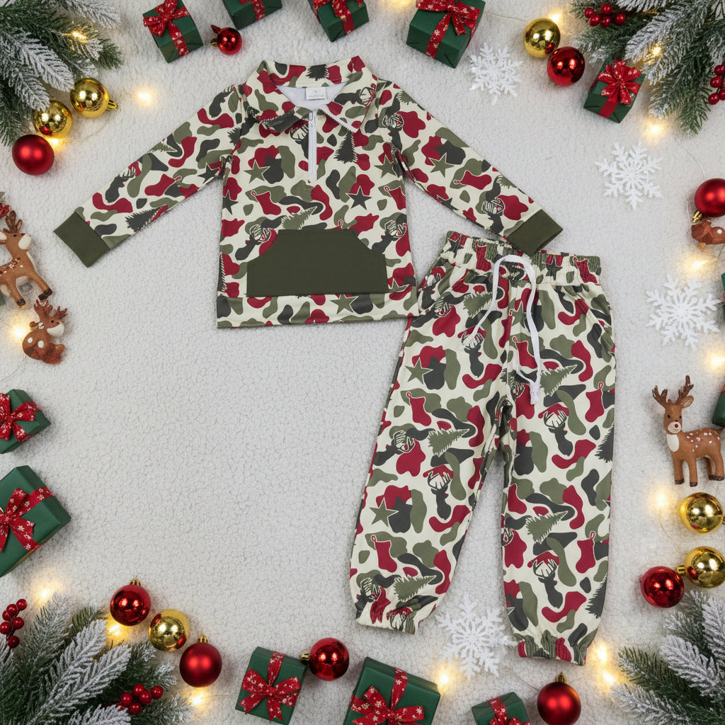 red green camo zip pullover joggers outfit Christmas boy outfit