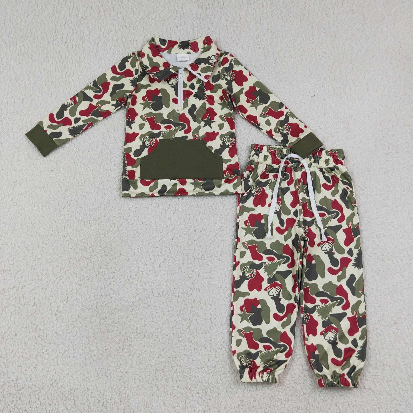 red green camo zip pullover joggers outfit Christmas boy outfit