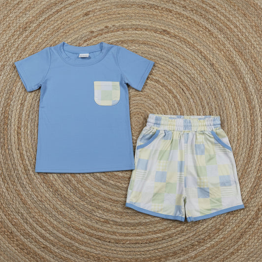 checkered patchwork shorts set summer boy clothing