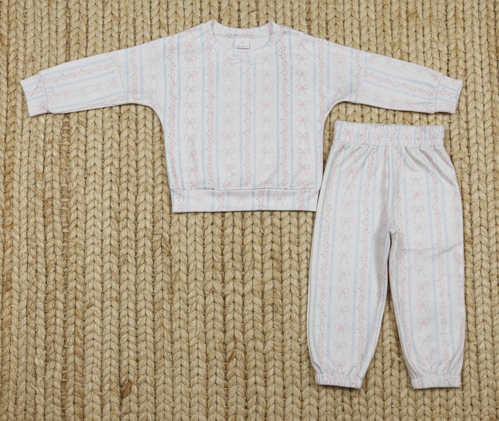 long sleeve pink bow floral pants set