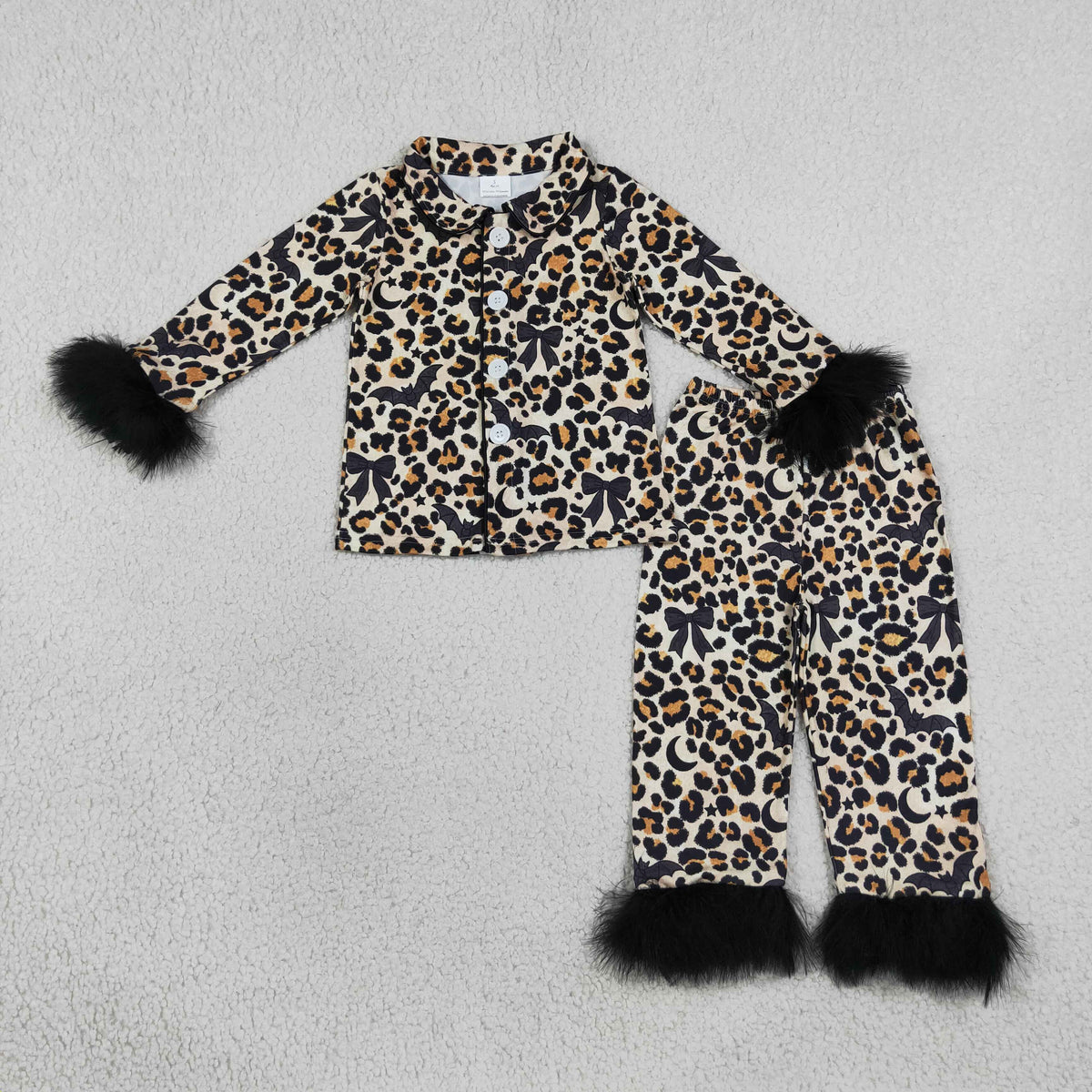 leopard with black bow bat moon feather pajamas for Halloween