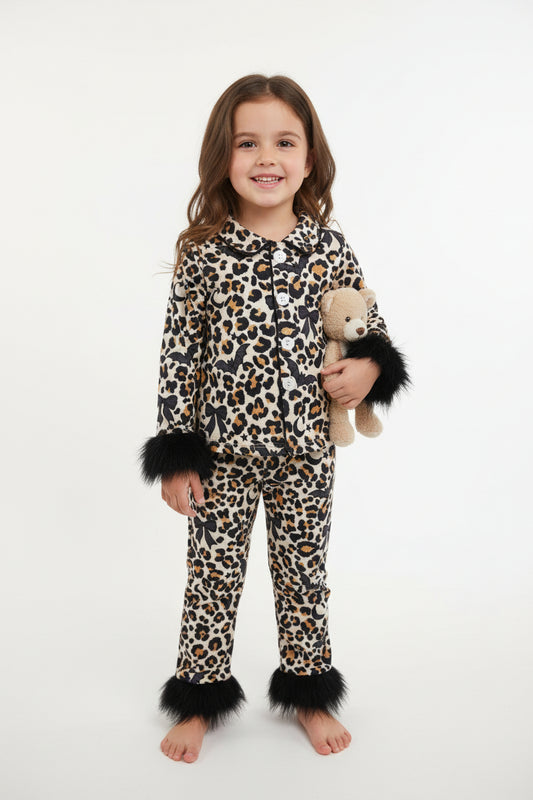 leopard with black bow bat moon feather pajamas for Halloween
