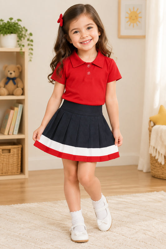 athletic red polo pleated skirt outfit cheerleader clothing