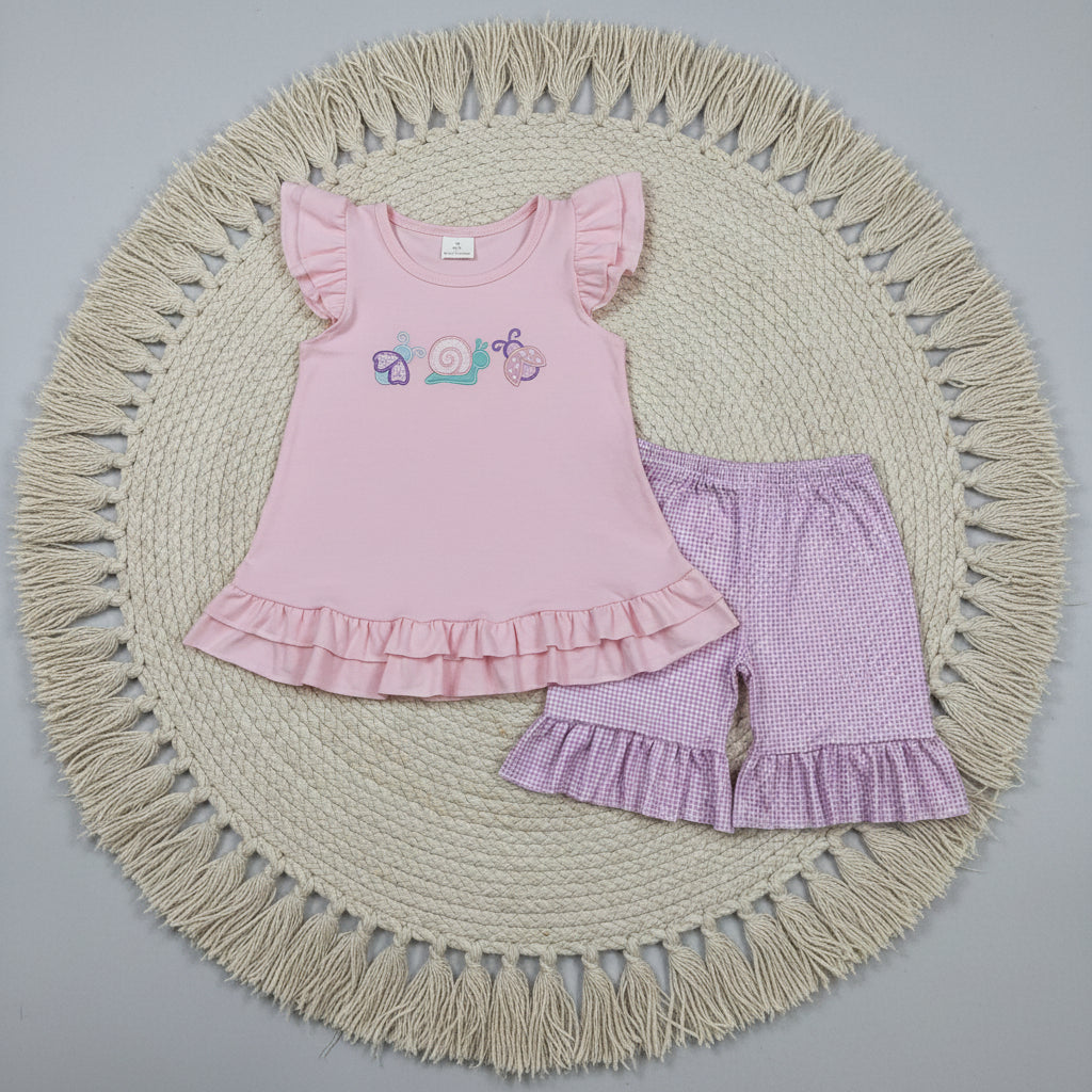 pink critter crawlers ruffle short set