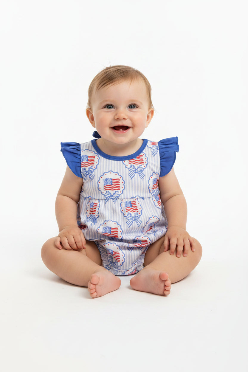 SR4029 USA Flag Bowknot Bubble Romper