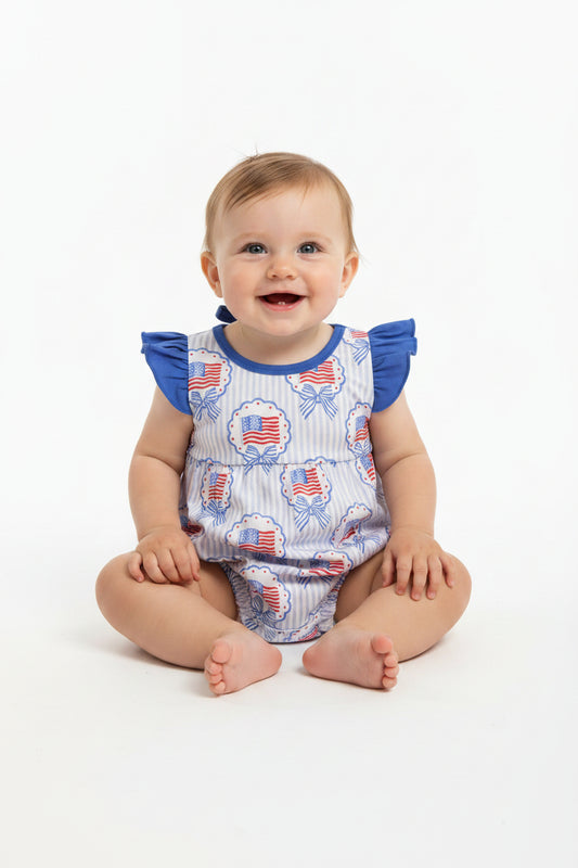 SR4029 USA Flag Bowknot Bubble Romper