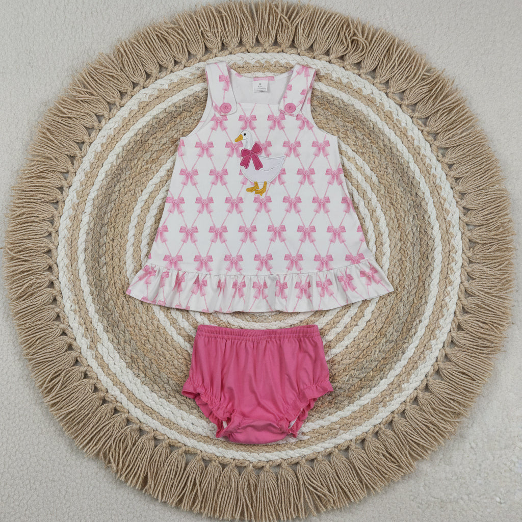 sleeveless pink bow silly goose embroidery bummie set
