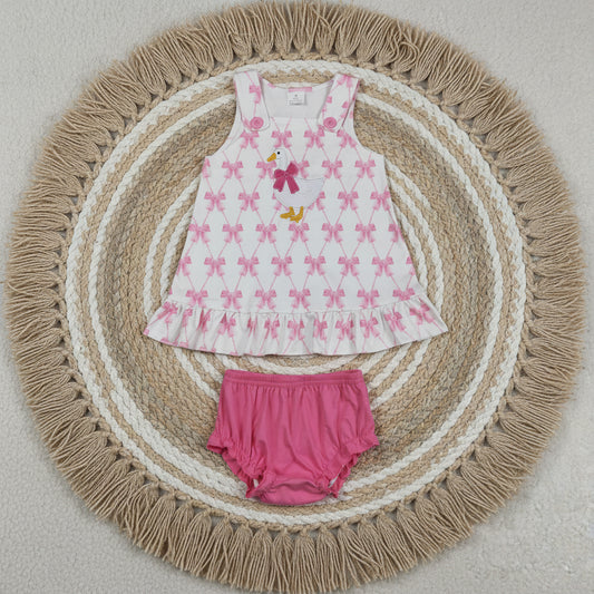 sleeveless pink bow silly goose embroidery bummie set