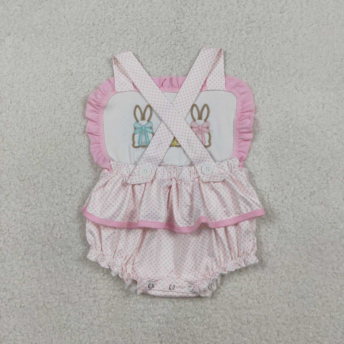 pink polk dots embroidery bunny romper baby girl playwear