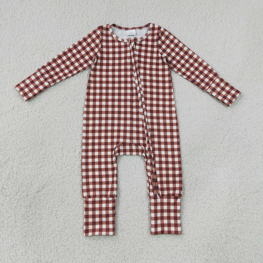 LR3113 long sleeve chocolate gingham zipper sleeper baby clothing