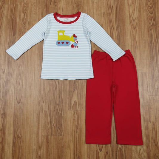 excavator heart embroidery red pants set valentine's day boys outfit