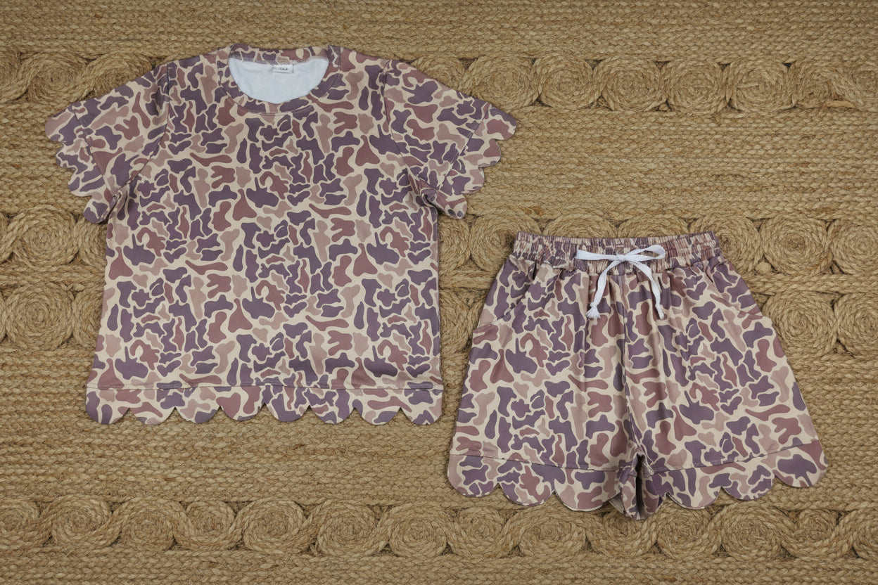 adult clothes women camo scallop shorts set