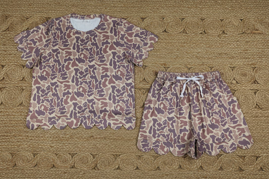 adult clothes women camo scallop shorts set