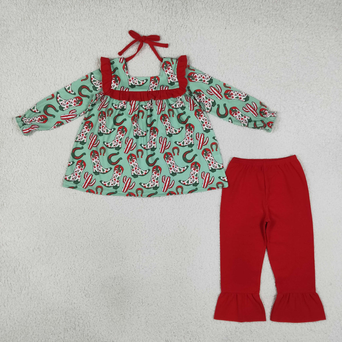 cowgirl boots ruffle pants set christmas girl outfit with pocket