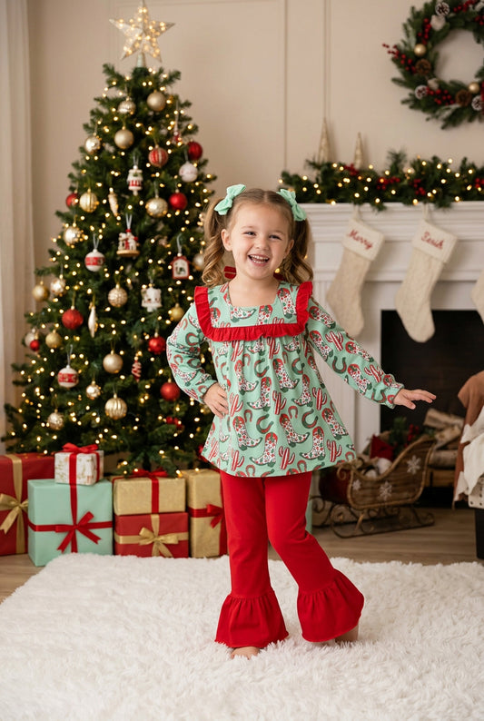 cowgirl boots ruffle pants set christmas girl outfit with pocket