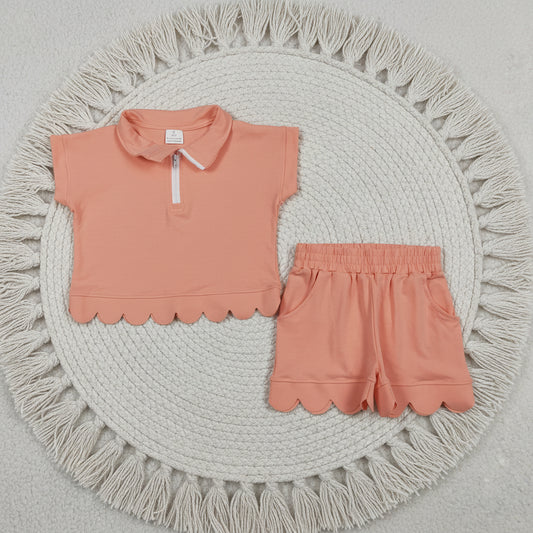solid cotton peach zipper scallop shorts set summer girl clothing