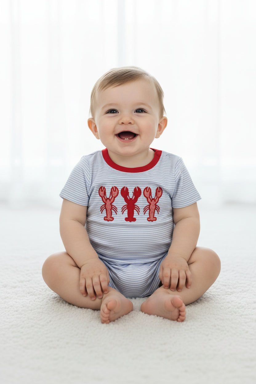 short sleeve crawfish embroidery stripes romper
