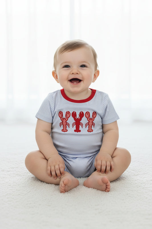 short sleeve crawfish embroidery stripes romper