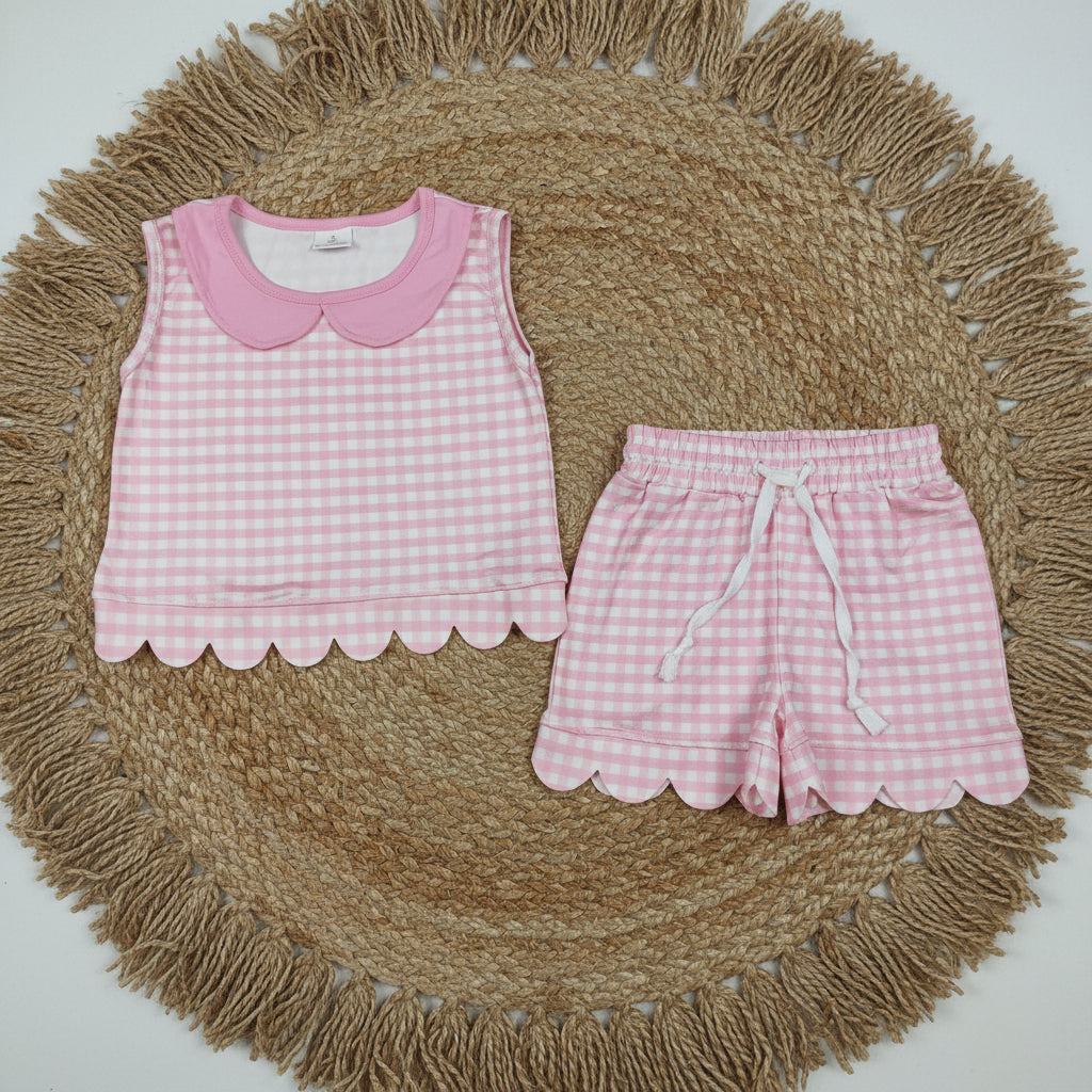 pink gingham scallop shorts set summer clothing